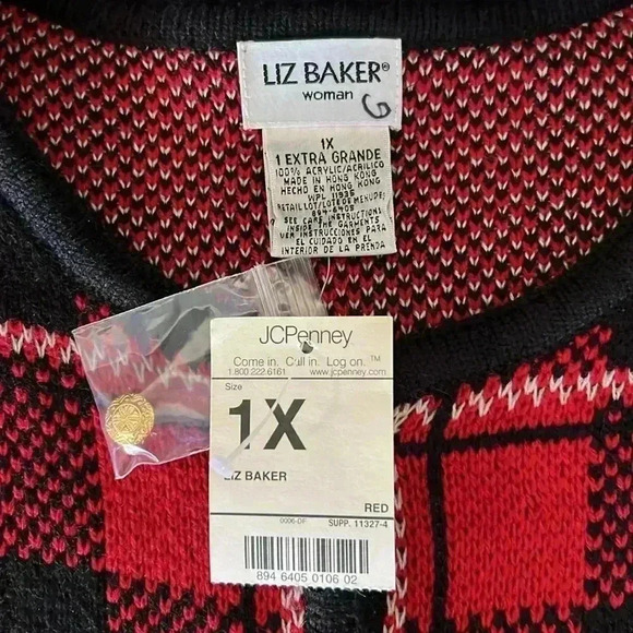 Vintage Liz Baker JC Penny Women’s Red Black and White Plaid Sweater NWT 13 - Picture 3 of 4